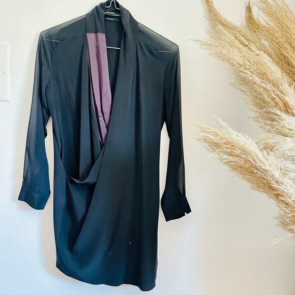 ALLSAINTS Black LBD Long Sheer Sleeve Silk Panel Asymmetrical Ruche Mini Dress 6 - Picture 3 of 13